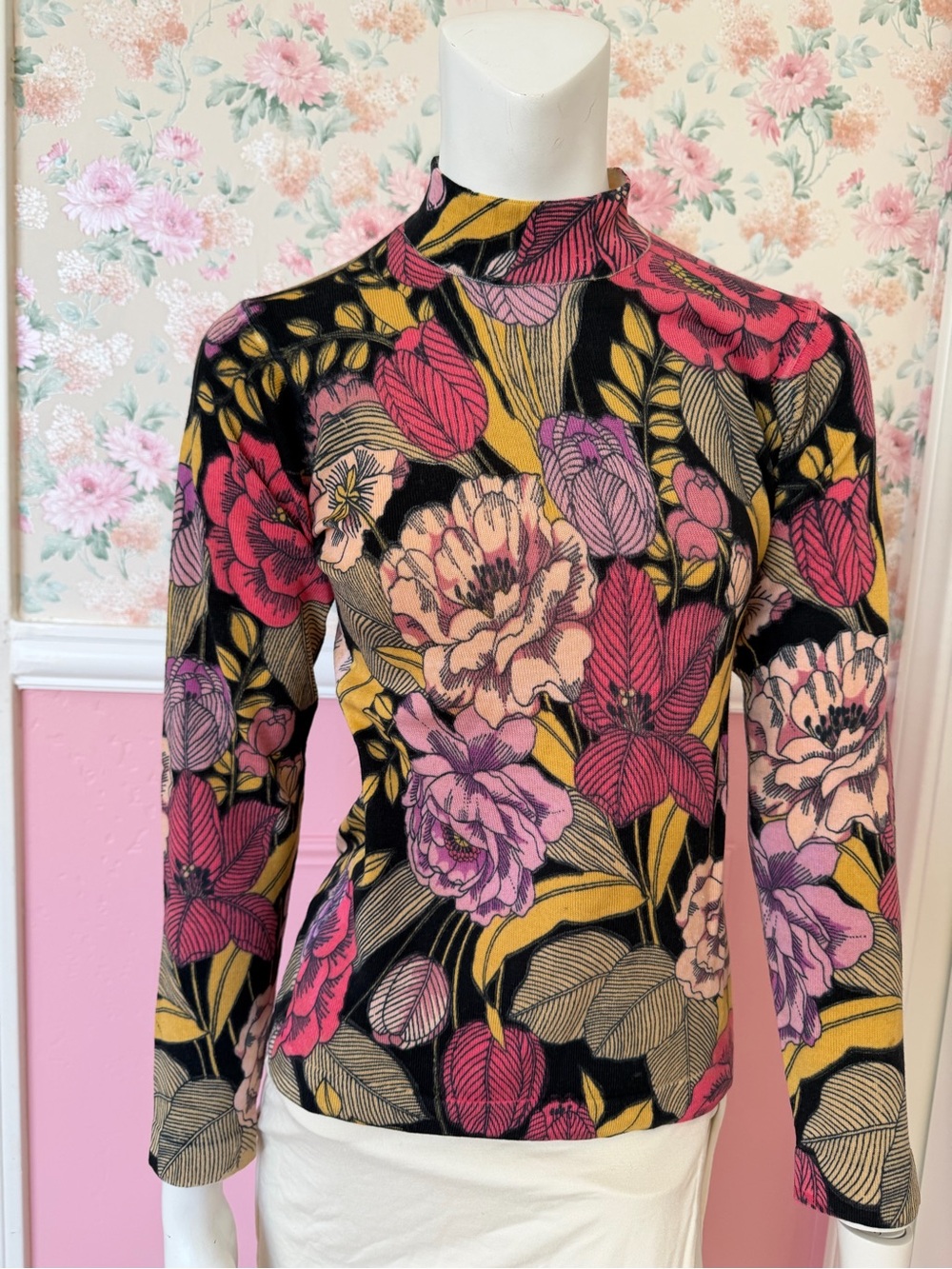 Mock Neck Floral Long-Sleeve Top in Pink, Purple & Mustard